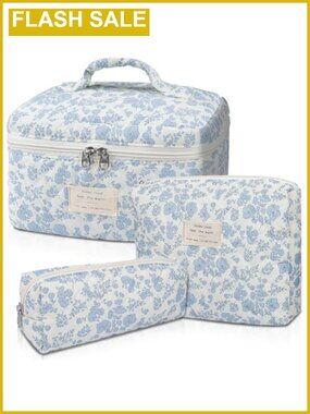 Quilted Cotton Floral Makeup Bag Set 3-Piece Zip Travel Cosmetic Organizer